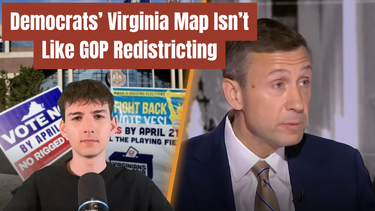 Discussion on Virginia's Democratic redistricting efforts with protest signs in the background highlighting voter rights and election integrity.