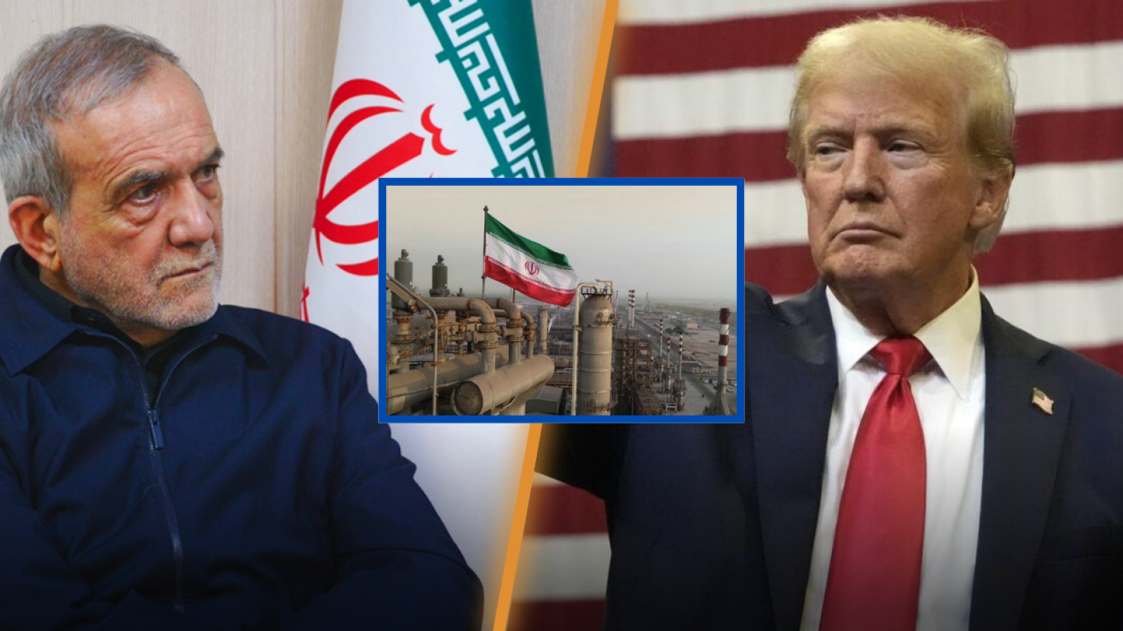 Image depicting a serious discussion on U.S.-Iran relations, featuring an Iranian official and Donald Trump, with an oil facility and Iranian flag in the background.
