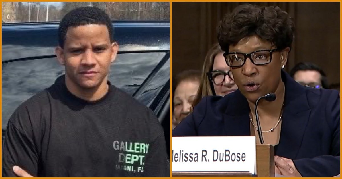 A young man in a black shirt stands beside a car, while a woman in glasses speaks passionately at a congressional hearing.