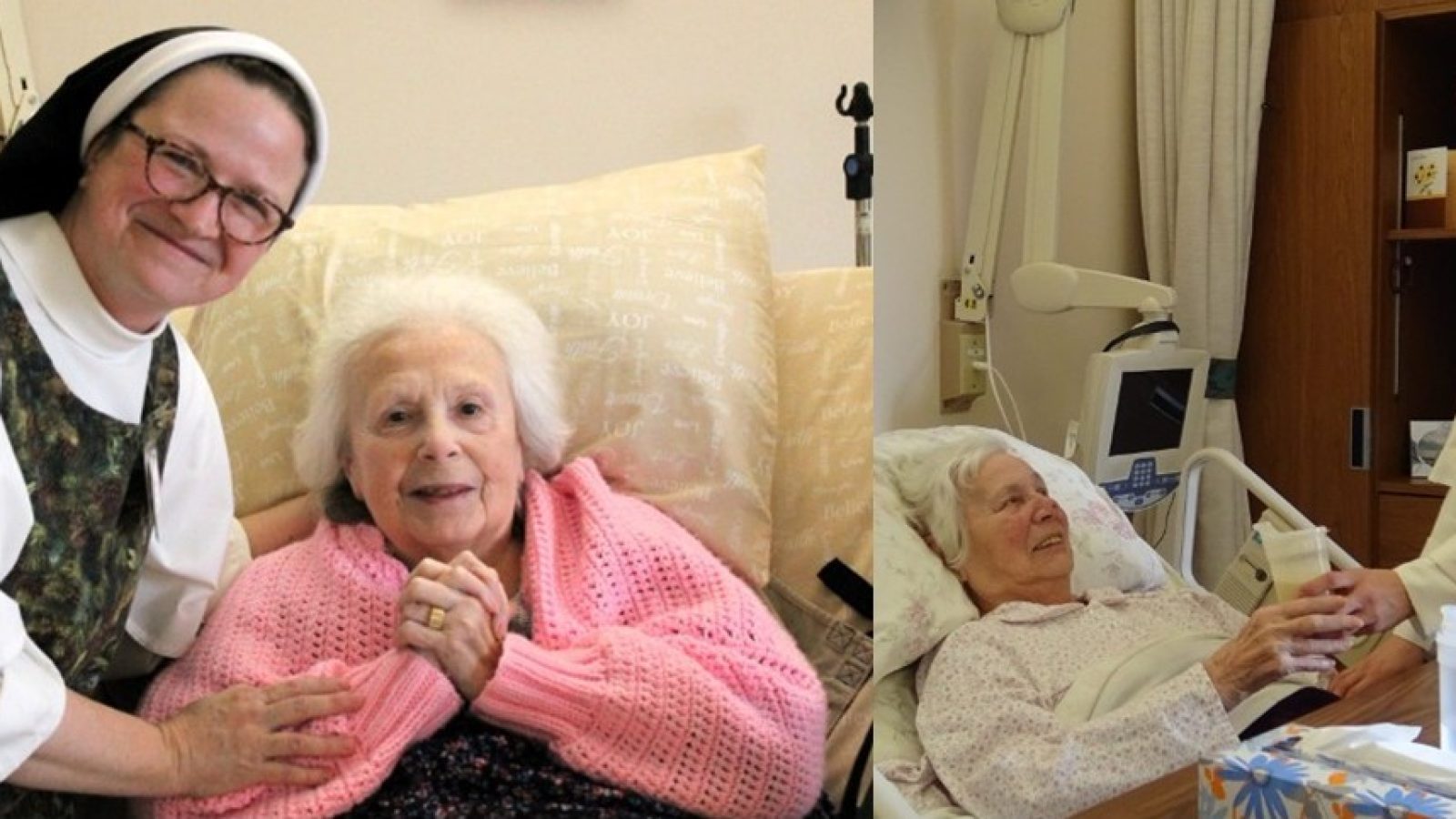 Two images showing a nun interacting compassionately with elderly women in a care setting, highlighting moments of connection and support.