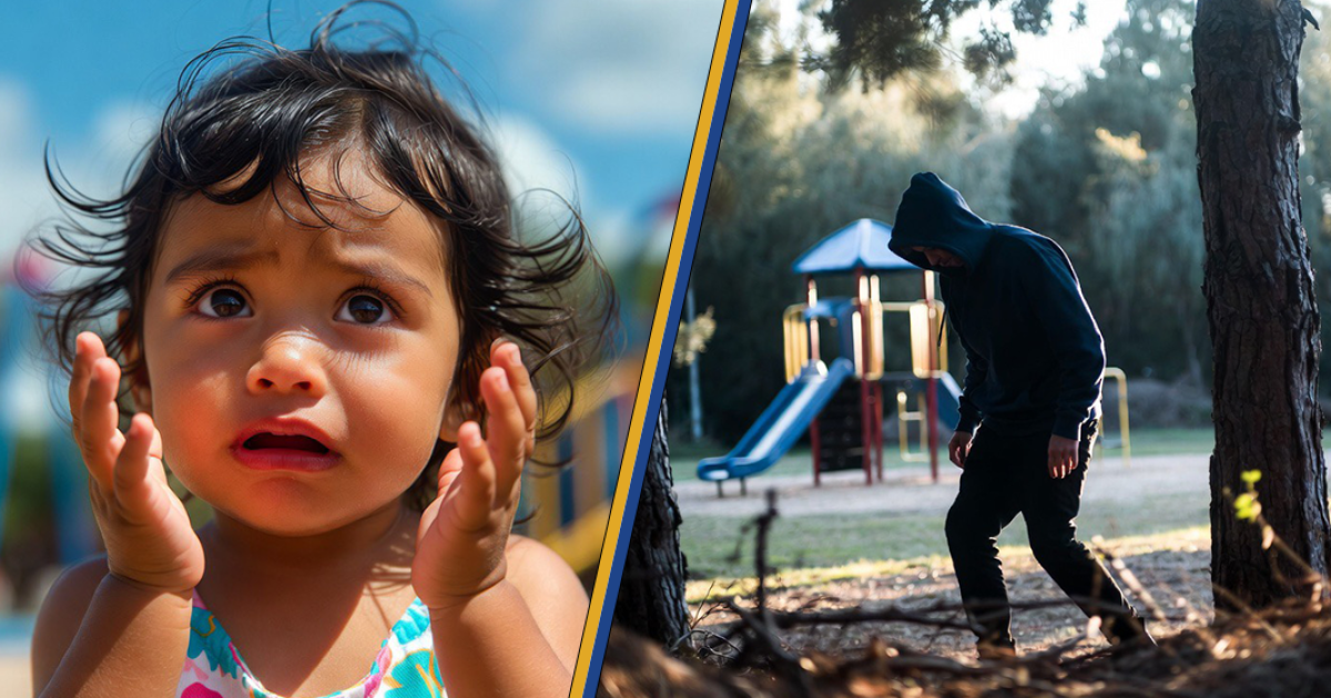 A concerned child with curly hair looks worried while a hooded figure walks through a playground, highlighting contrasting emotions in a park setting.