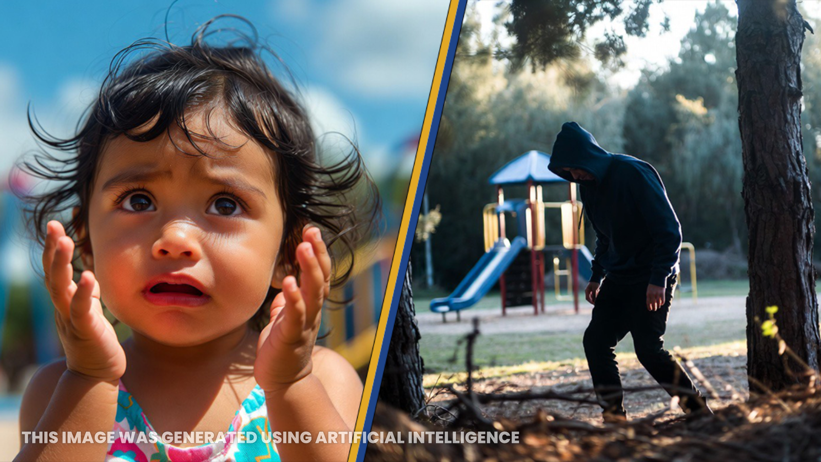 A concerned child with curly hair looks worried while a hooded figure walks through a playground, highlighting contrasting emotions in a park setting.