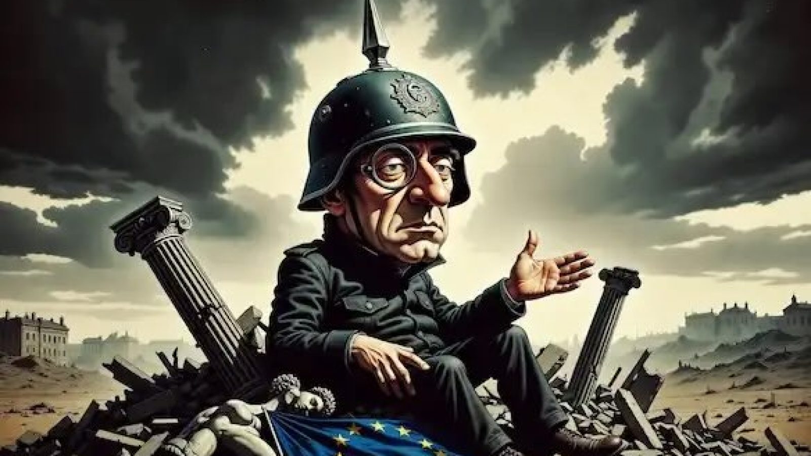 A satirical illustration of a soldier in a German helmet sitting on rubble, symbolizing the aftermath of conflict in Europe, with an EU flag in the background.