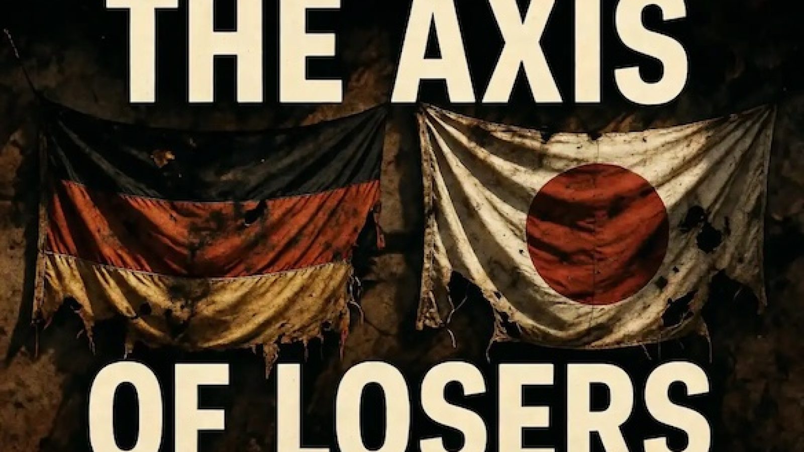 Image depicting tattered flags of Germany and Japan with the text "The Axis of Losers," symbolizing the Axis Powers of World War II.