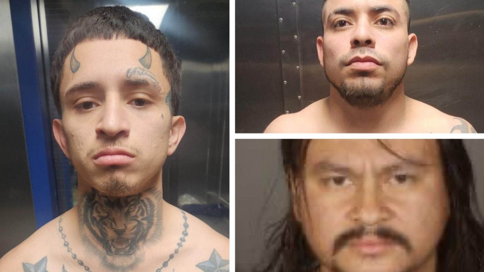Mugshots of three men displaying various tattoos and serious expressions, highlighting their distinct facial features and backgrounds.