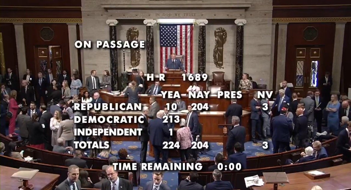 U.S. House of Representatives voting session showing members and results for bill H.R. 1689, with a final tally of 224 votes in favor and 204 against.