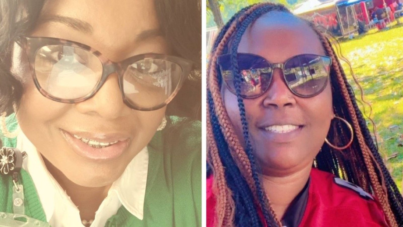 Two women smiling in casual outfits, one wearing glasses and a green sweater, the other with braided hair and sunglasses, enjoying a sunny outdoor setting.