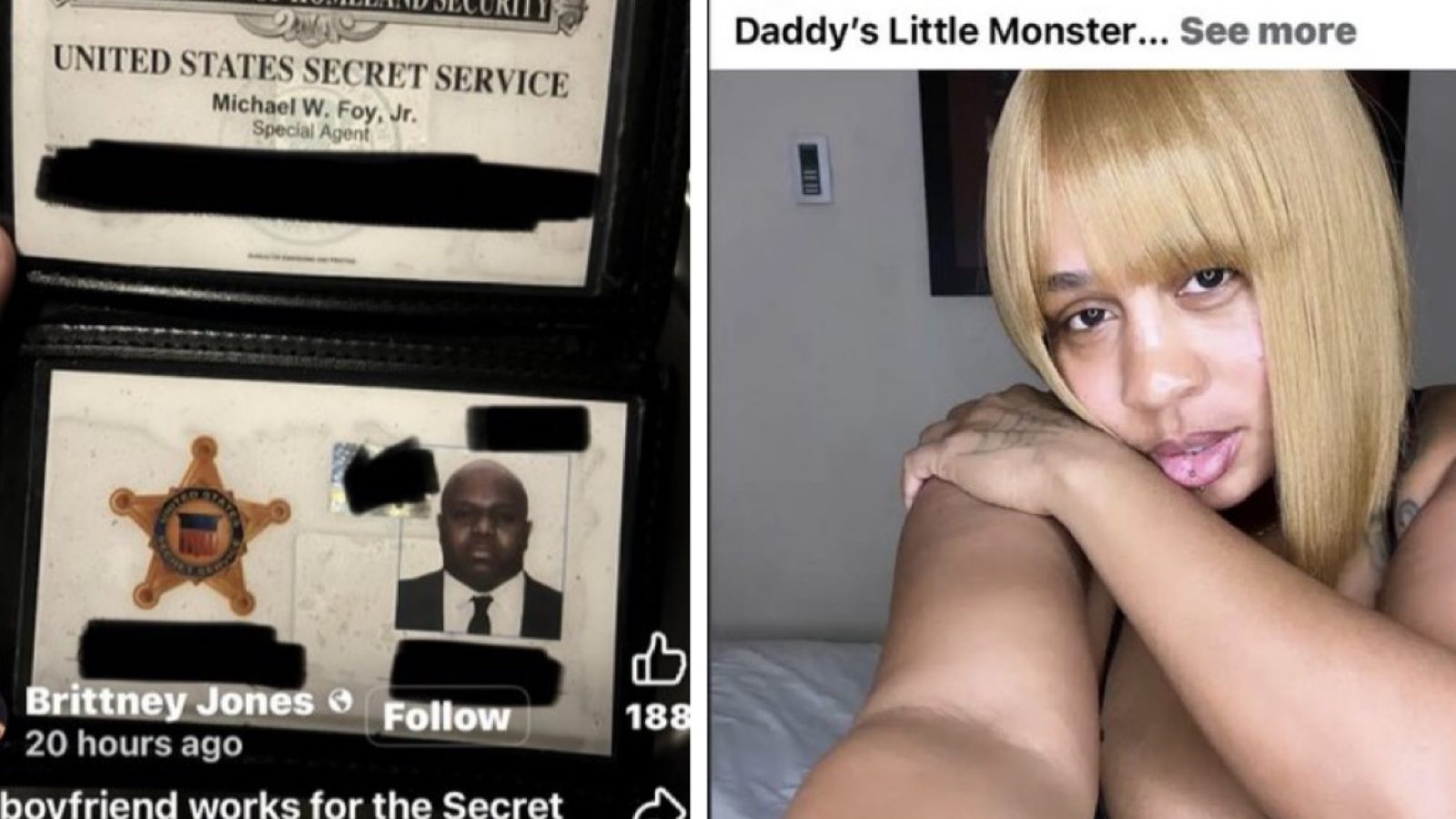 Image of a U.S. Secret Service badge alongside a selfie of a woman with blonde hair, highlighting a personal connection to law enforcement.