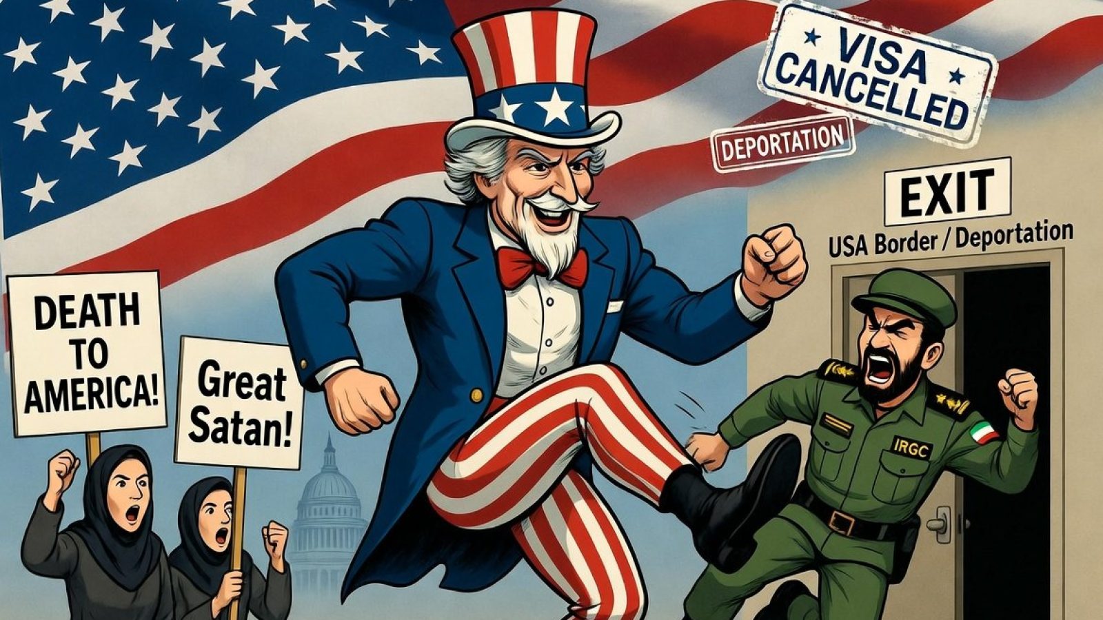 Illustration depicting Uncle Sam forcefully deporting an Iranian soldier amid anti-American protests, with a backdrop of the American flag and a "Visa Cancelled" sign.