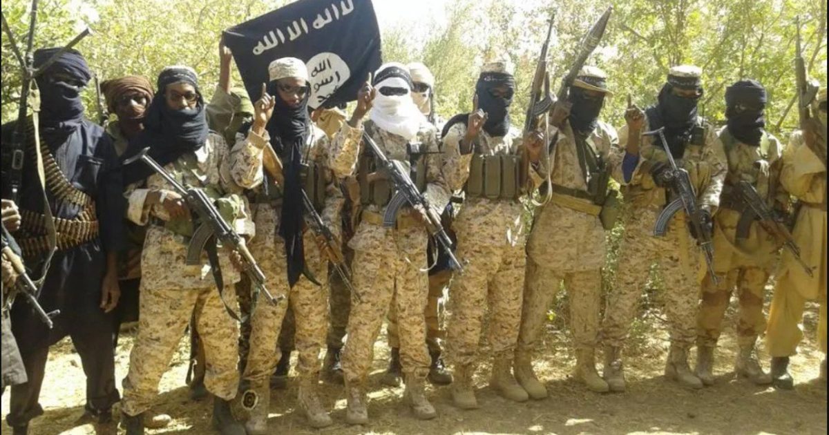 Militant group members posing with weapons and a black flag in a forested area, showcasing military attire and a display of allegiance.