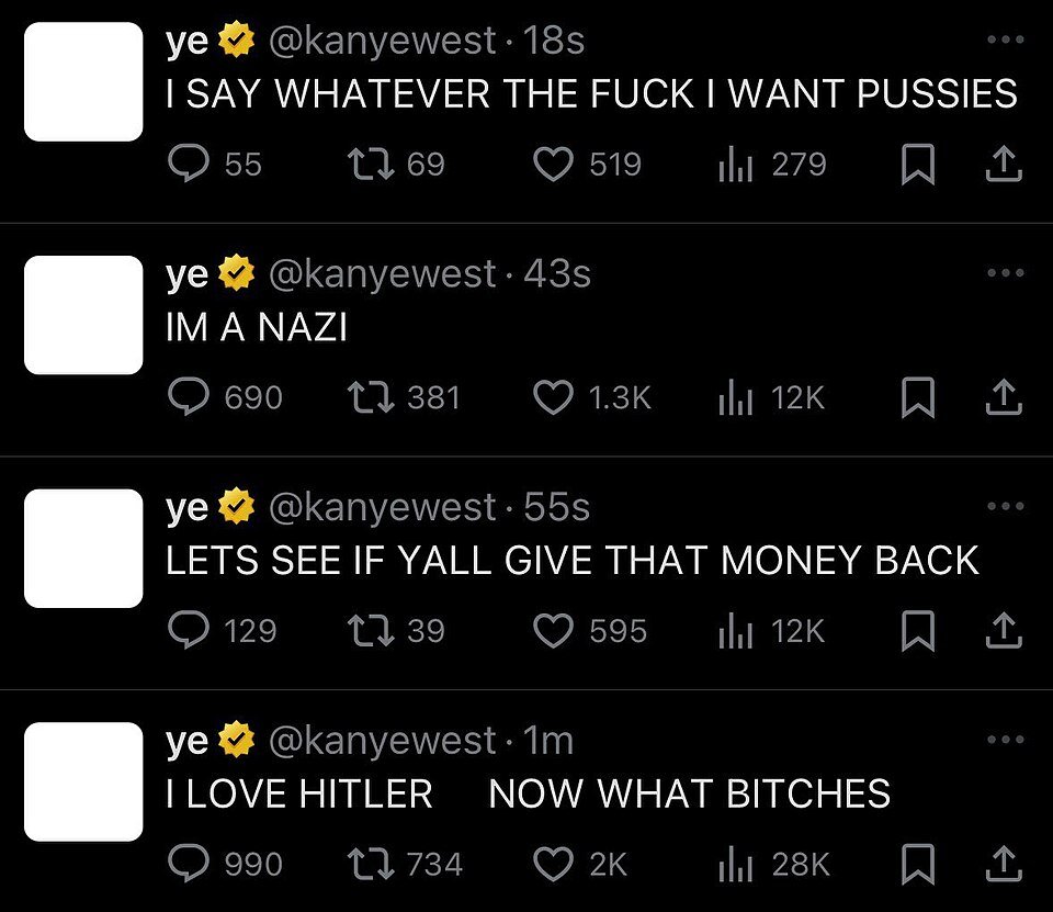Screenshot of controversial tweets from Kanye West expressing provocative and offensive statements.