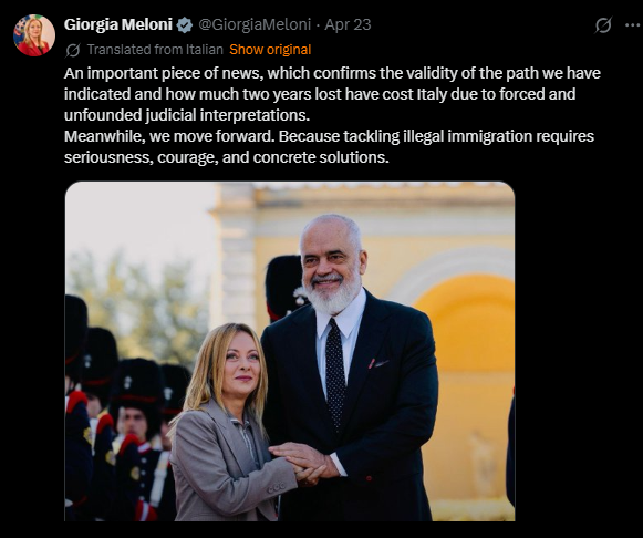 Giorgia Meloni and Edi Rama shaking hands in a formal setting, highlighting discussions on immigration policy and judicial interpretations affecting Italy.