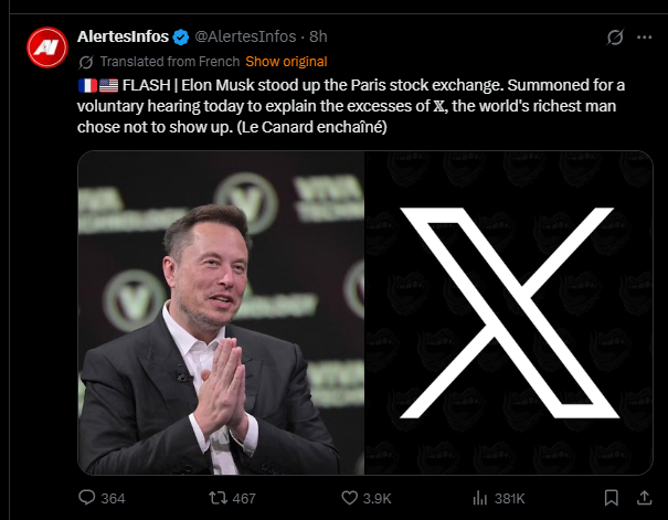 Elon Musk gestures during a news event about the Paris stock exchange, with the X logo prominently displayed beside him.