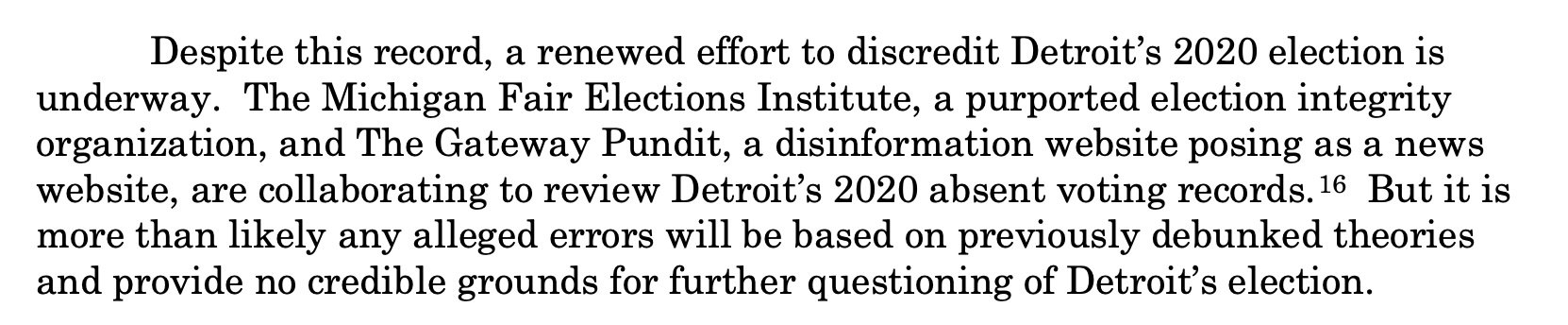 Text discussing efforts to discredit Detroit's 2020 election, mentioning the Michigan Fair Elections Institute and The Gateway Pundit's collaboration on voting record reviews.