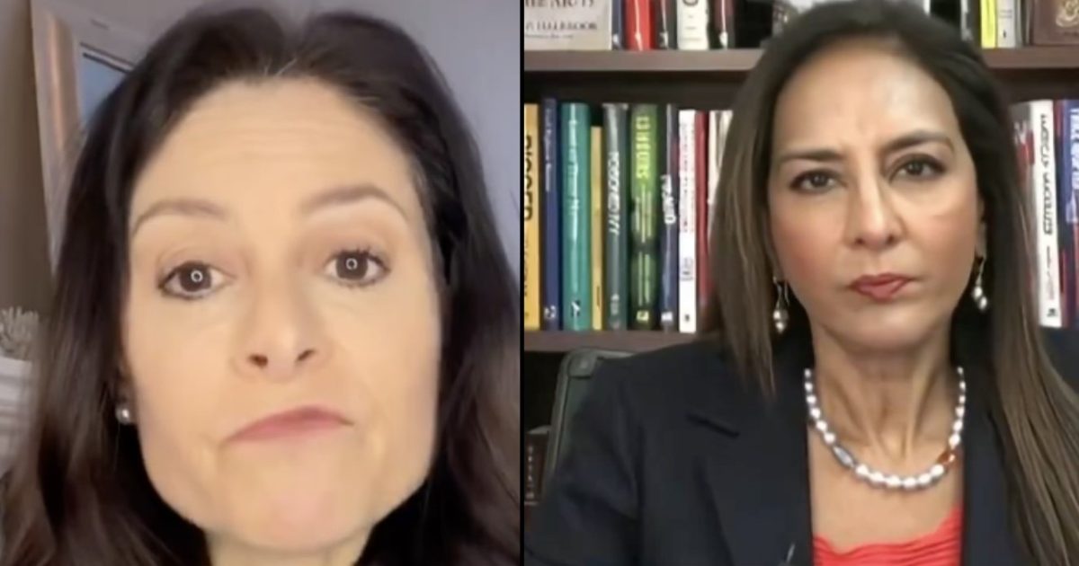 Two women engaged in a video discussion, one speaking directly to the camera while the other listens intently, with a bookshelf filled with books in the background.