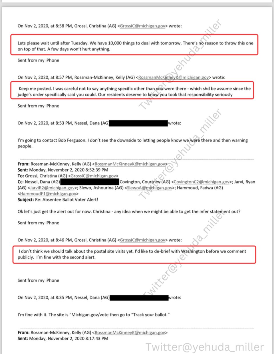 Email correspondence discussing strategies and concerns regarding absentee ballot voter alerts and communication among Michigan state officials.