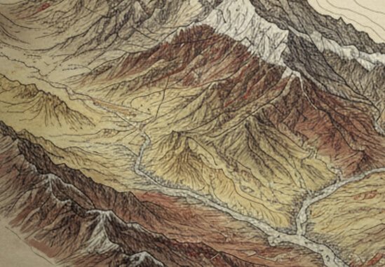 Detailed topographic map showcasing a mountainous landscape with valleys and rivers, highlighting natural features and terrain variations.