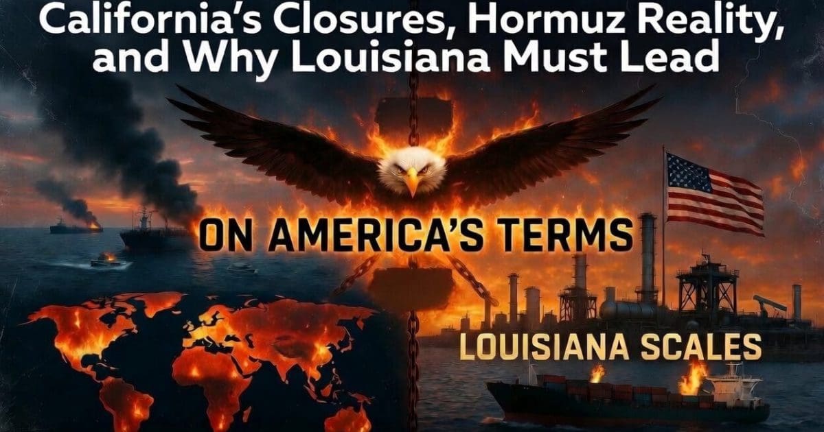 Image depicting themes of energy, leadership, and geopolitics, featuring an eagle, oil rigs, and a world map with flames, emphasizing Louisiana's role in global dynamics.