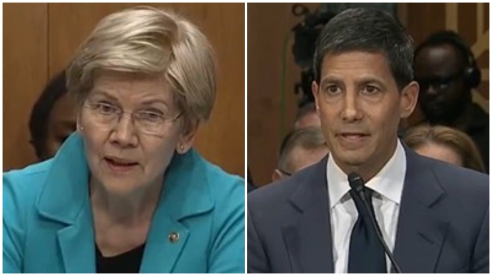 U.S. Senators Elizabeth Warren and a male colleague engage in a discussion during a Senate hearing, addressing key political issues in a formal setting.