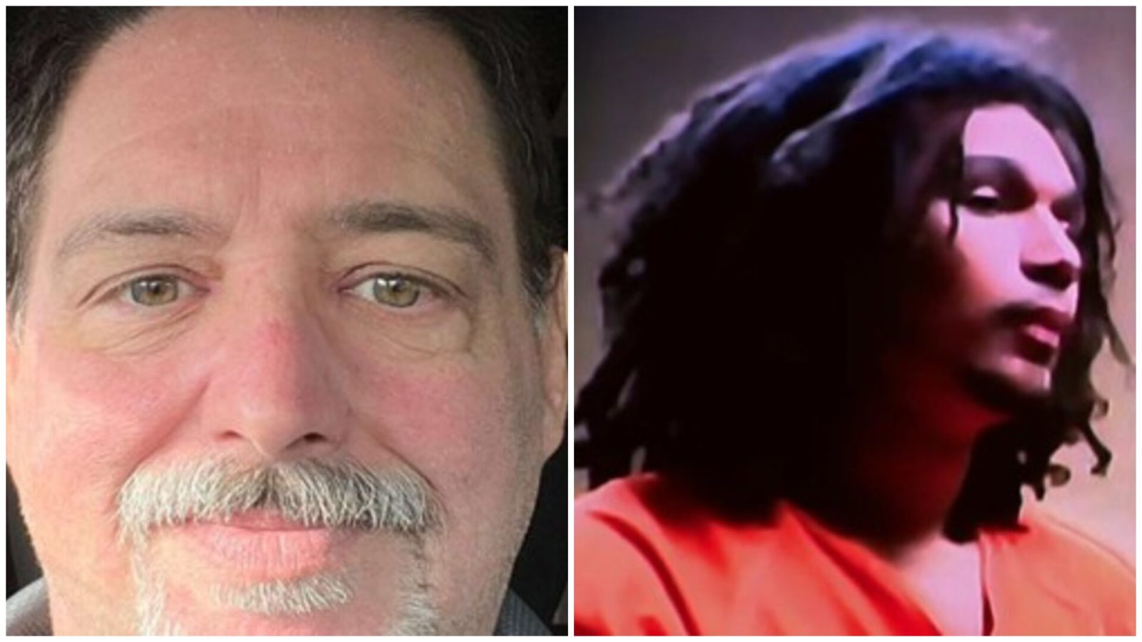 Image showing two men, one with a mustache and gray hair smiling, and the other with long dark hair looking serious, both in different settings.