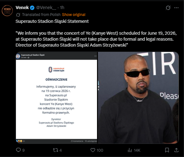 Announcement regarding the cancellation of Kanye West's concert scheduled for June 19, 2026, at Superauto Stadion Śląski due to legal reasons.