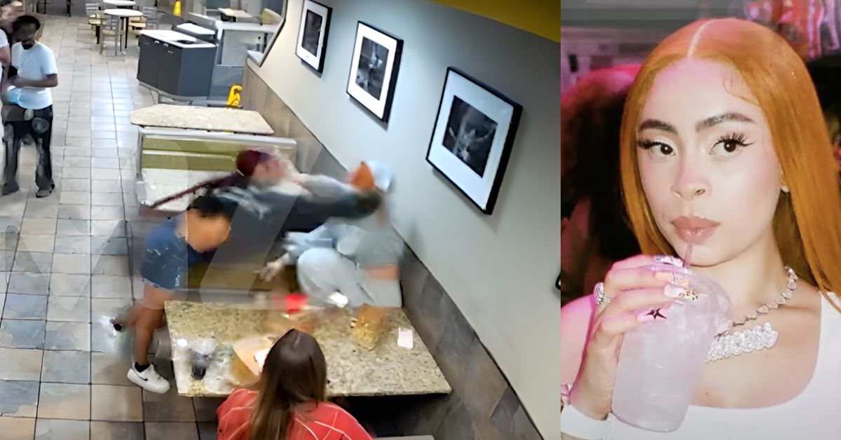 Surveillance footage capturing a brawl between two women in a fast-food restaurant, with a woman sipping a drink in the foreground.