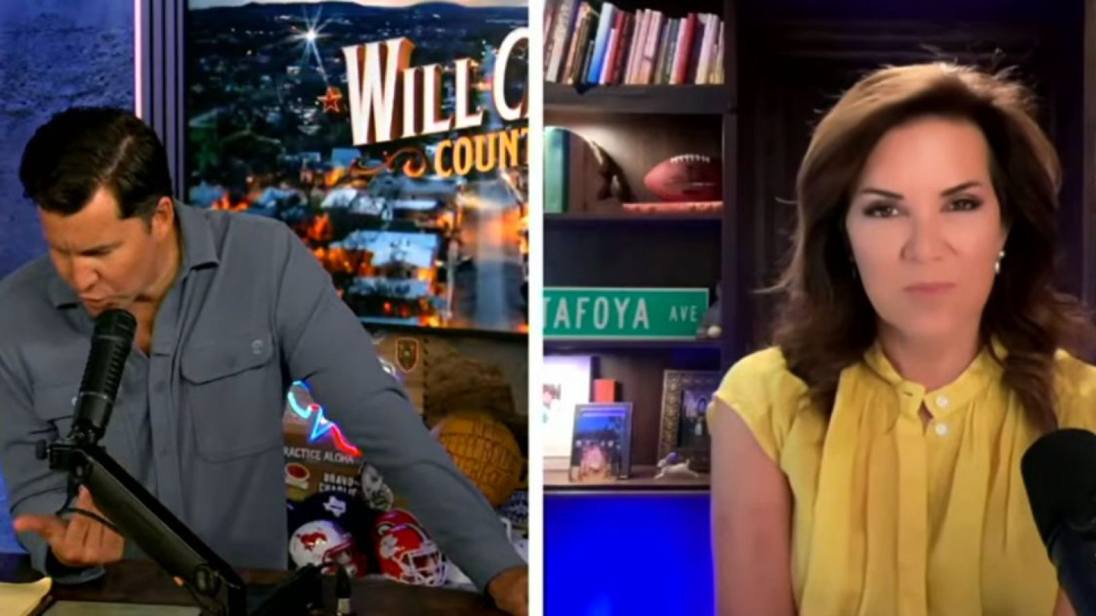 Two hosts engage in a discussion on a video podcast, featuring a backdrop with the title "Will Cowherd" and various decorative elements.