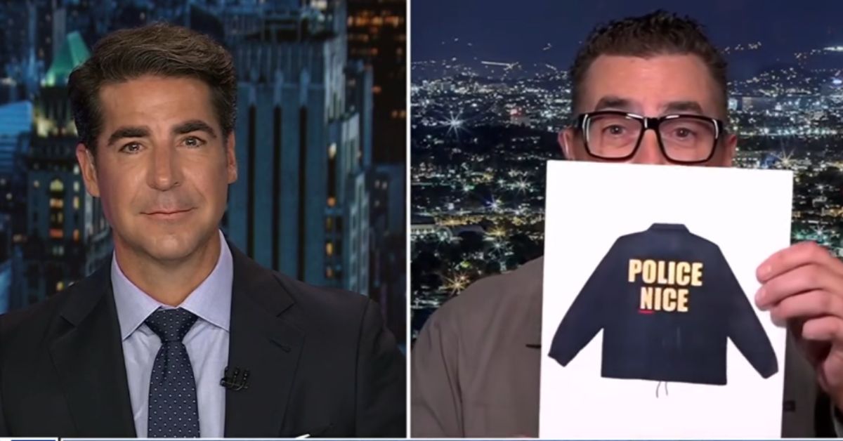 Two men on a split screen discuss a humorous "Police Nice" jacket design, with a city skyline visible in the background.