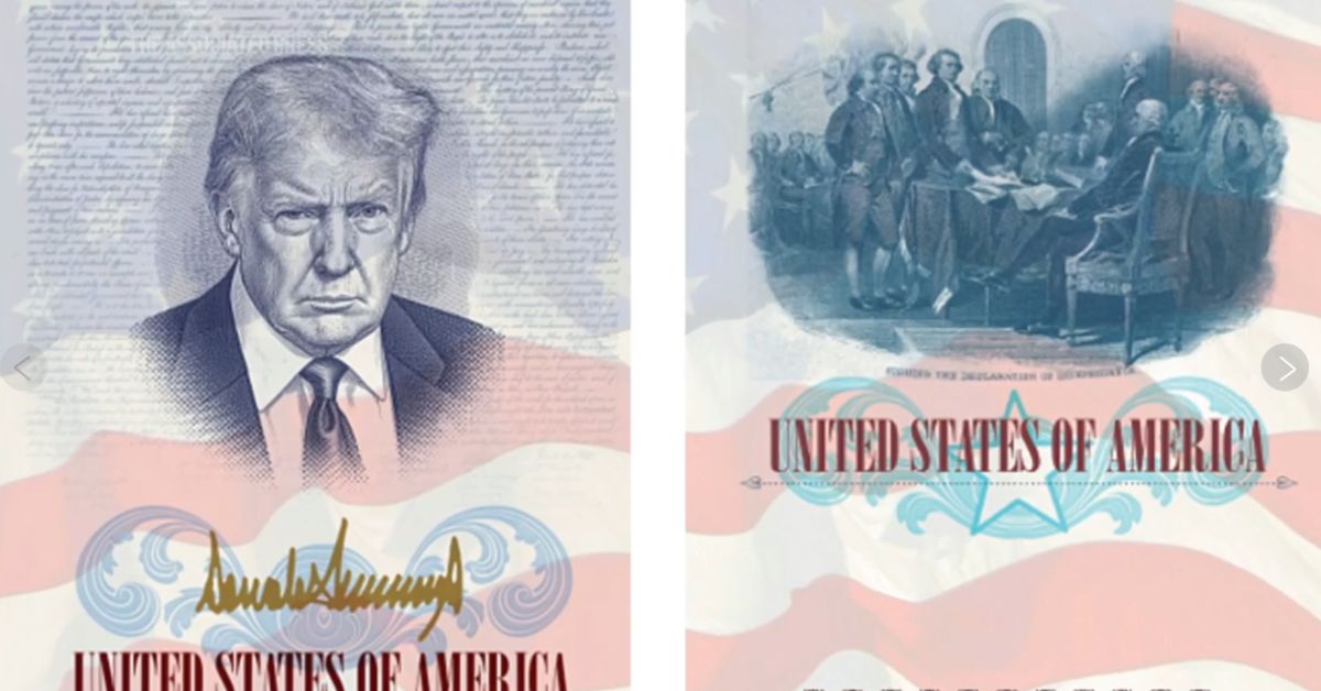 Illustration featuring a portrait of Donald Trump alongside historical figures signing the Declaration of Independence, set against a backdrop of the American flag.