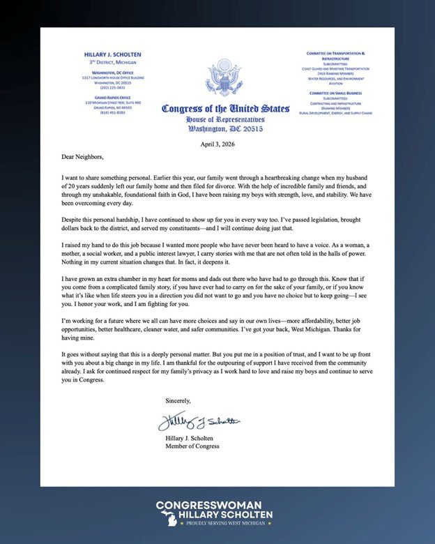 Letter from Congresswoman Hillary J. Scholten addressing personal challenges and commitment to constituents, dated April 3, 2026, from her congressional office in Washington, D.C.