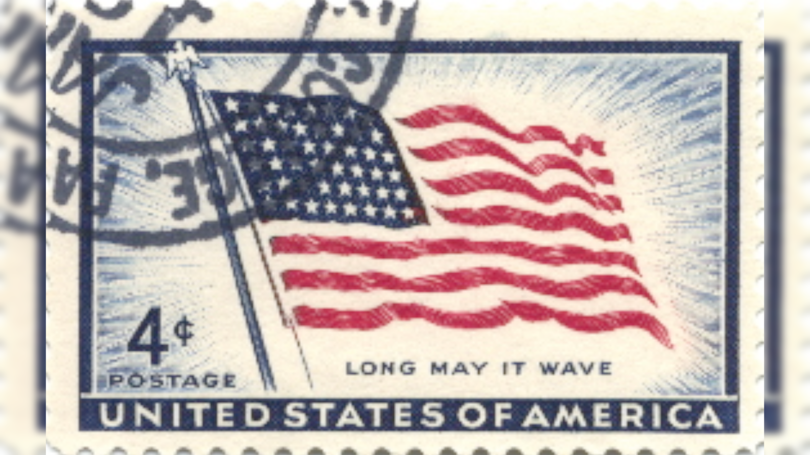Vintage 4-cent United States postage stamp featuring an American flag with the phrase "Long May It Wave" and a stylized blue and red design.