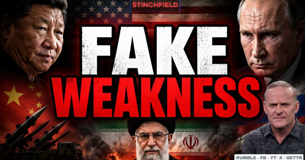 Image depicting global leaders Xi Jinping, Vladimir Putin, and Ayatollah Khamenei with bold text reading "FAKE WEAKNESS," highlighting geopolitical tensions and military themes.