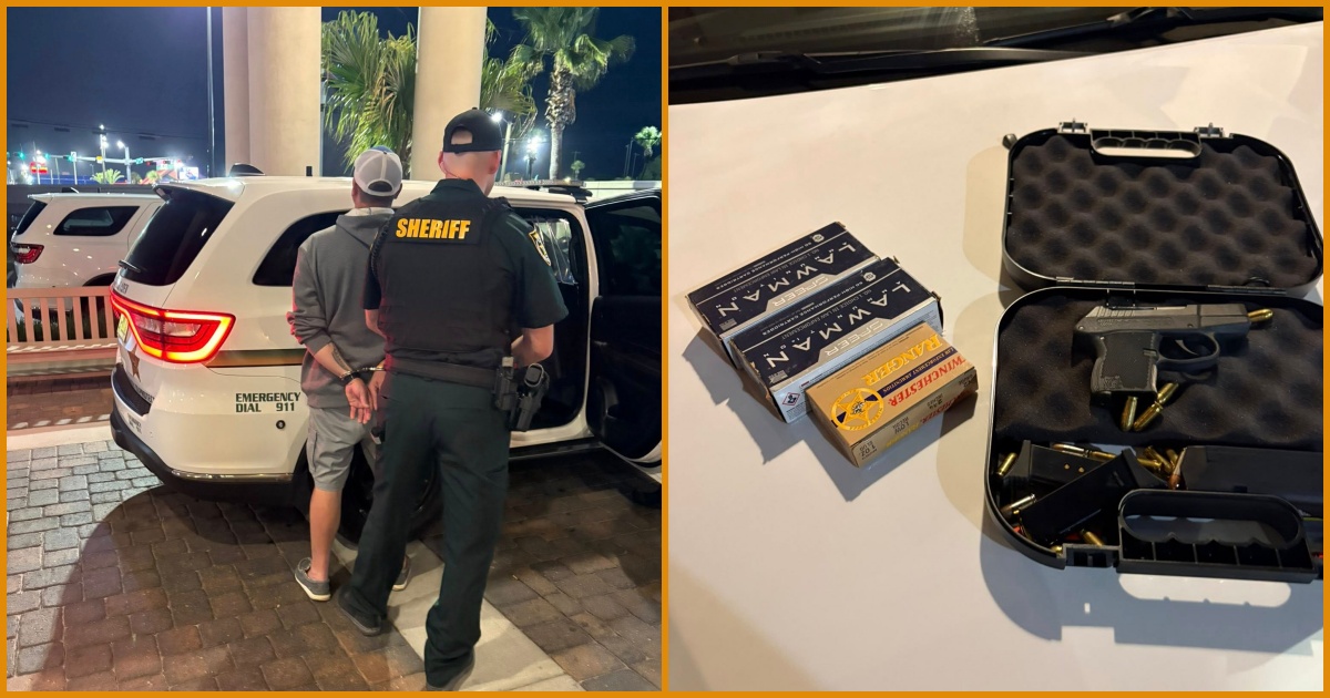 Sheriff's deputy arrests a suspect near a police vehicle, with a close-up view of a firearm and ammunition displayed on a surface.