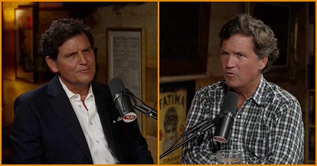 Two men engaged in a conversation during a podcast recording, featuring microphones and a cozy, rustic backdrop.