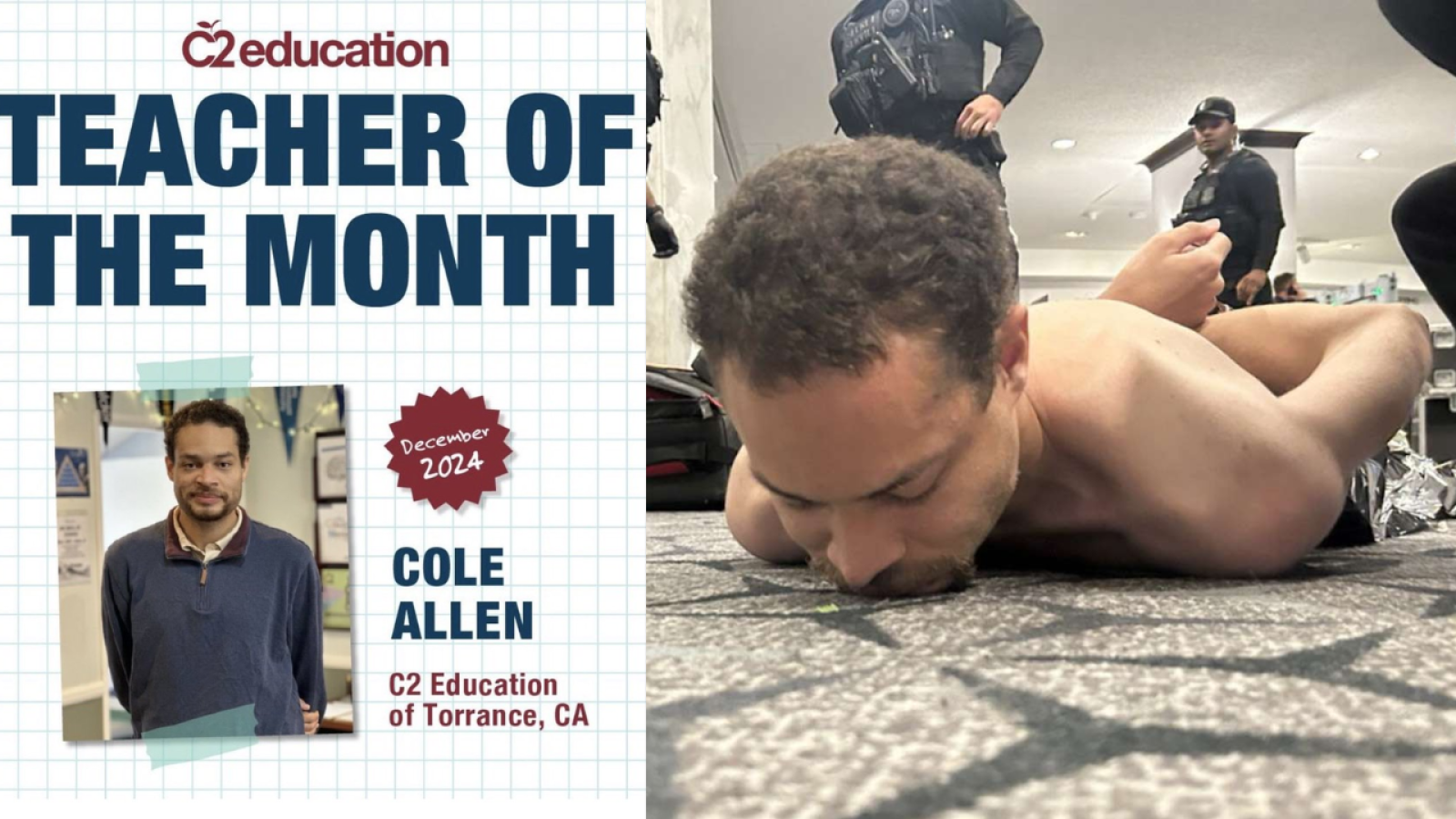 Image of Cole Allen, December 2024 Teacher of the Month at C2 Education, alongside a scene depicting a police intervention.