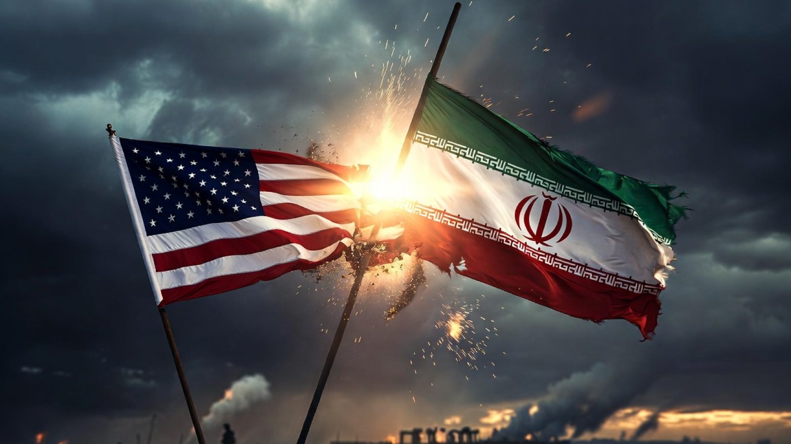 Flags of the United States and Iran clash against a dramatic stormy backdrop, symbolizing geopolitical tensions and conflicts.