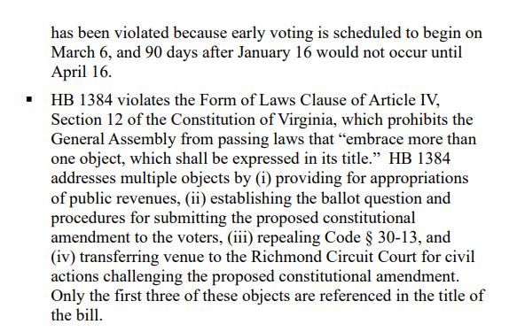 Text from a legal document discussing the violations of HB 1384 related to the Constitution of Virginia and its implications on early voting and legislative processes.