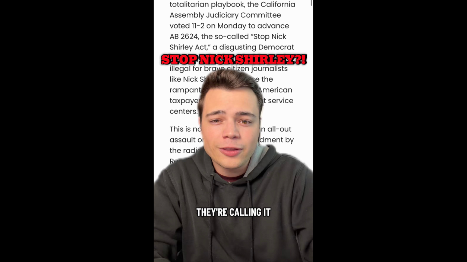 Young man discussing the California Assembly's vote on the controversial "Stop Nick Shirley Act" with text highlighting public concerns about freedom of expression.