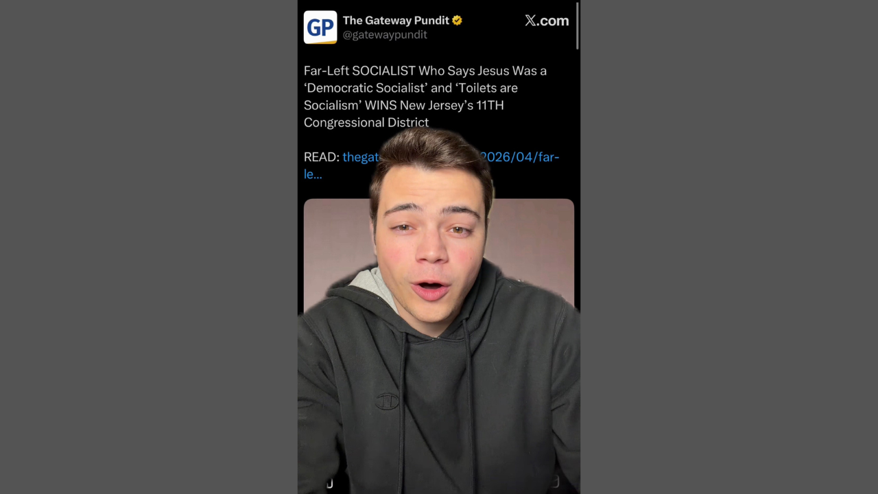 Young man expressing surprise or concern, wearing a black hoodie, featured in a social media post discussing a political topic related to socialism and an election in New Jersey.