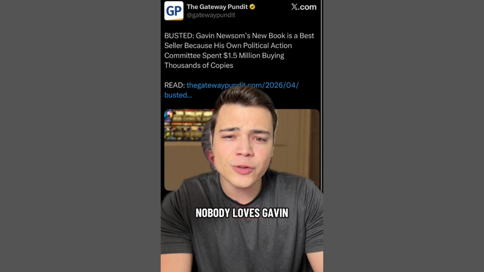 Young man speaking in a video, discussing Gavin Newsom's book sales controversy with the text "Nobody loves Gavin" displayed prominently.