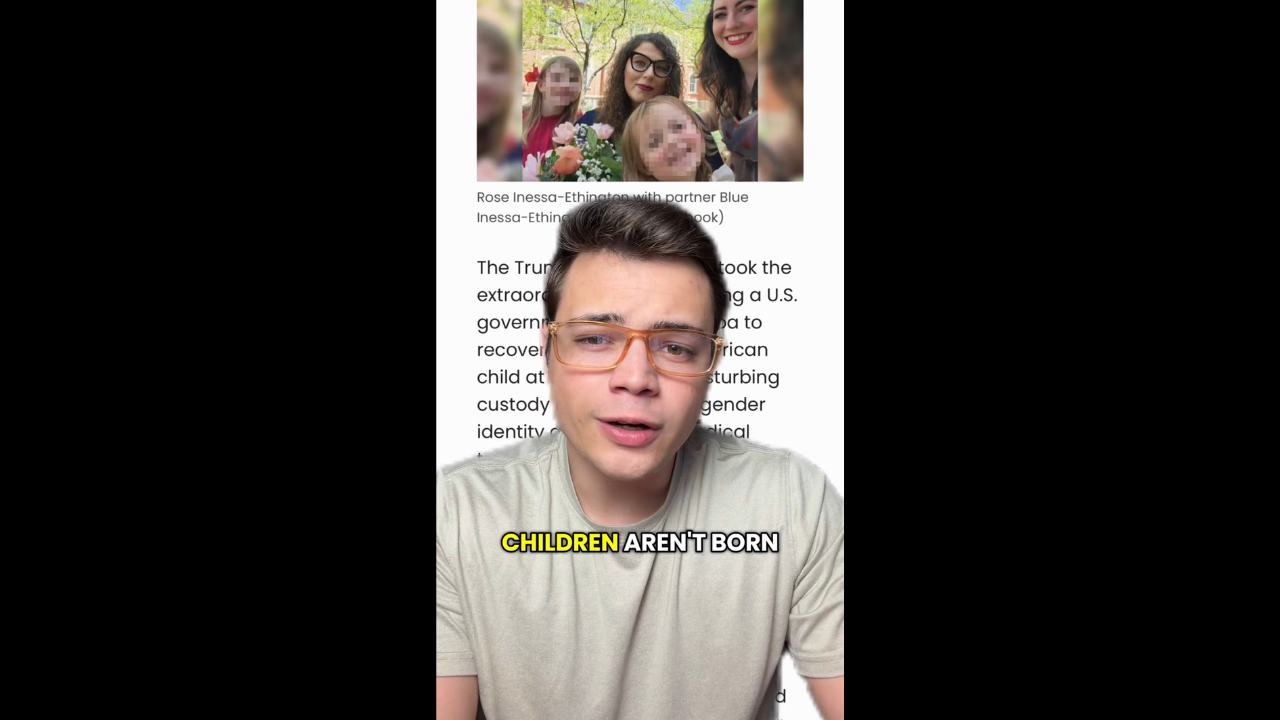 Young man speaking on a video about child custody and identity issues, with a blurred group of women and children in the background.