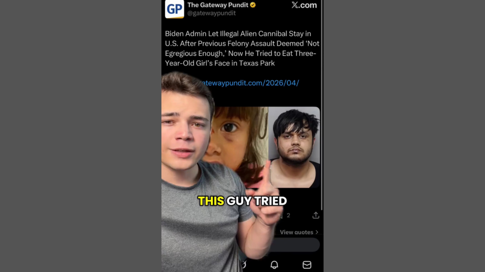 Image depicting a news story about a man involved in a serious criminal incident in Texas, featuring a young girl and a police mugshot.