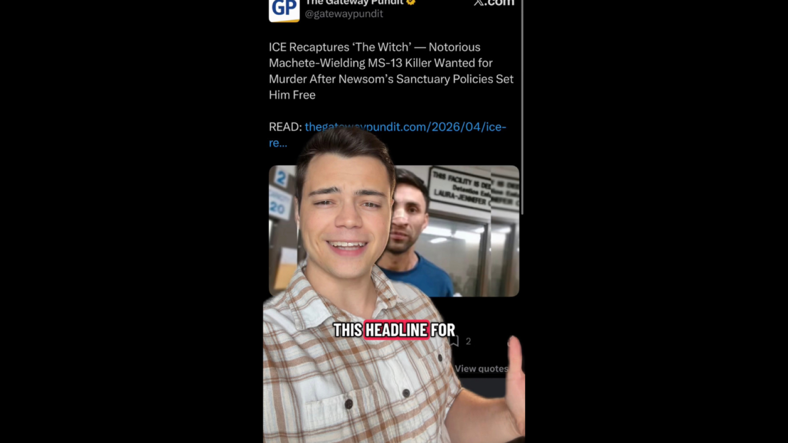 Two men in a hallway discussing ICE's recapture of a fugitive linked to violent crime, with a focus on sanctuary policies.
