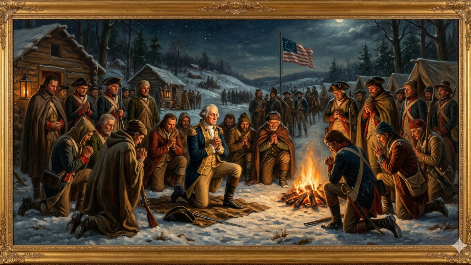 George Washington and soldiers pray around a campfire in a snowy landscape, symbolizing unity and resilience during the American Revolutionary War.