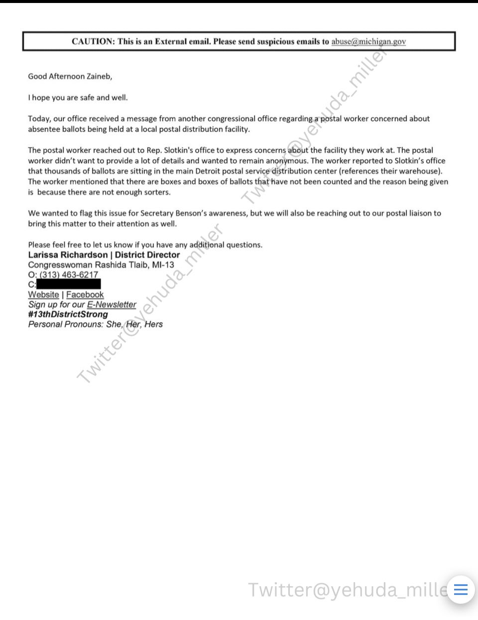 Email discussing concerns about absentee ballots at a postal distribution facility, highlighting issues with uncounted ballots and communication with congressional offices.