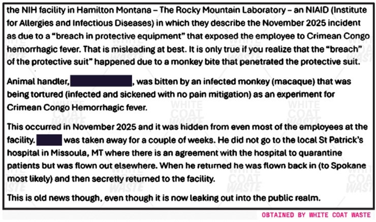Document detailing a 2025 incident at the Rocky Mountain Laboratory in Montana, highlighting a breach of protective equipment leading to an employee's exposure to Crimean Congo hemorrhagic fever.