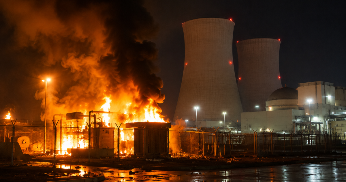 Fire and smoke billow from a facility near cooling towers at night, highlighting a hazardous situation in an industrial area.