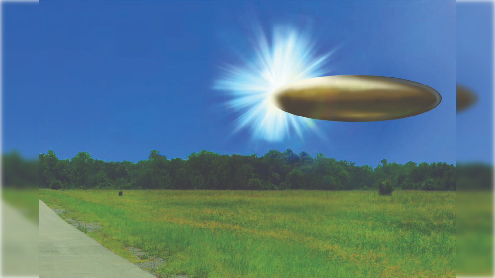 A metallic flying saucer emits light above a grassy field and blue sky, suggesting a UFO sighting in a rural area.