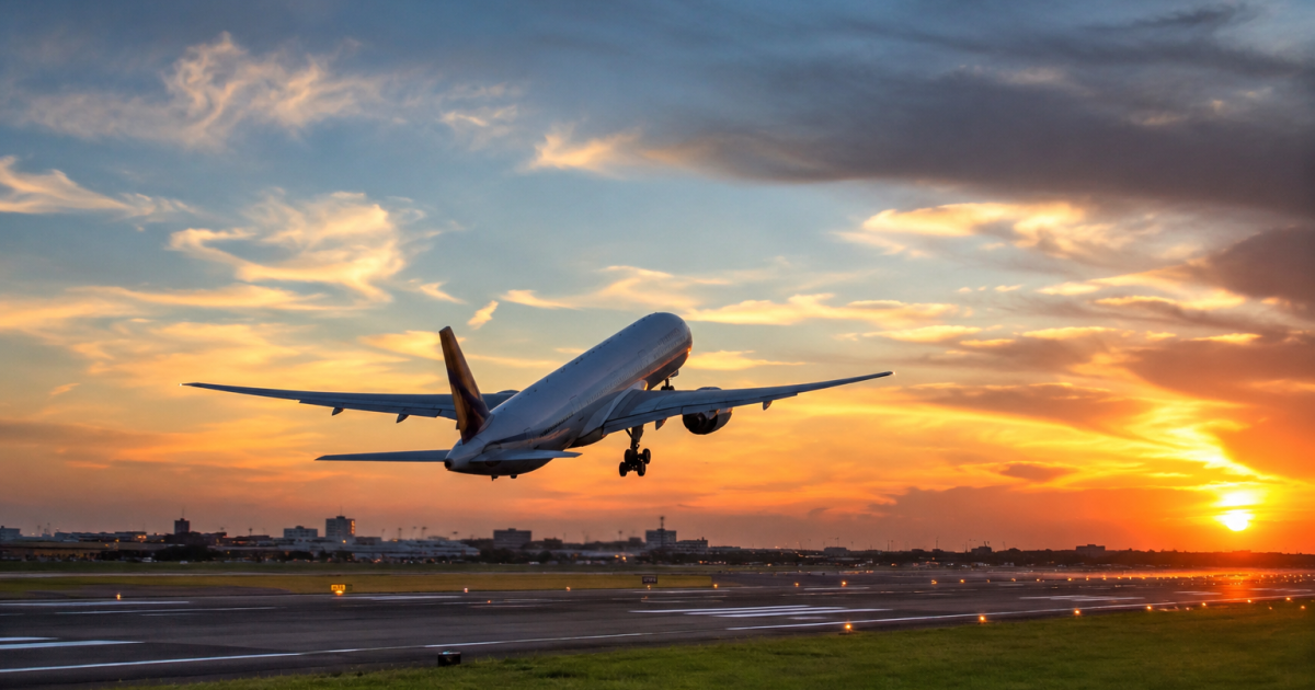 Airplane taking off against a vibrant sunset sky, with a runway in the foreground and city skyline in the background.