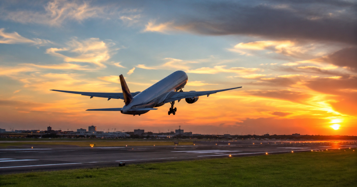 Airplane taking off against a vibrant sunset sky, with a runway in the foreground and city skyline in the background.